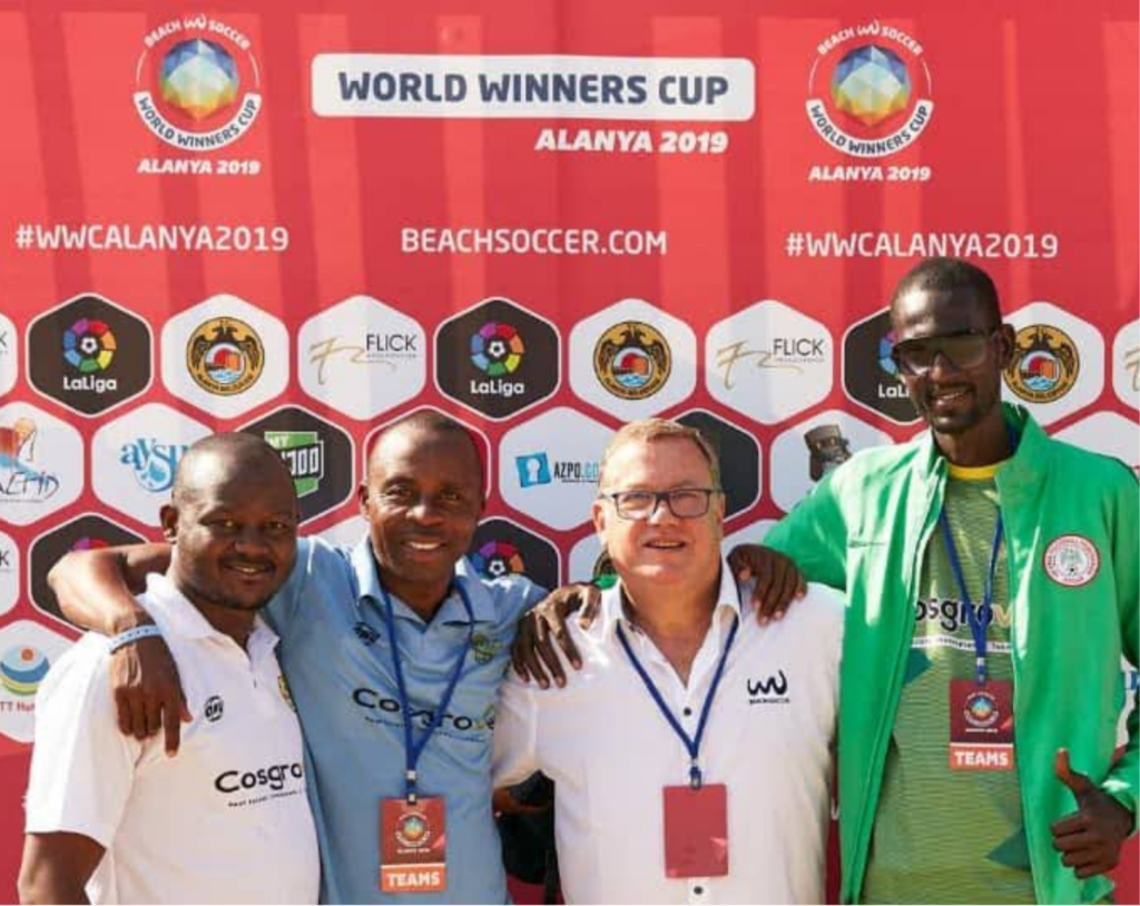 L-R: Taye; BSmag, Isa; Coach Nigeria Beach Soccer National Team, Joan Cusco; President Beach Soccer Worldwide, Mahmud Hadejia; President Africa Beach Soccer Union.